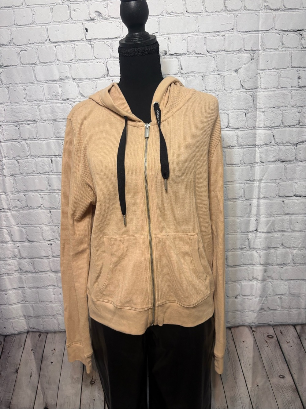 Calvin Klein Performance Beige Zip Front Hoodie with Black Drawstrings